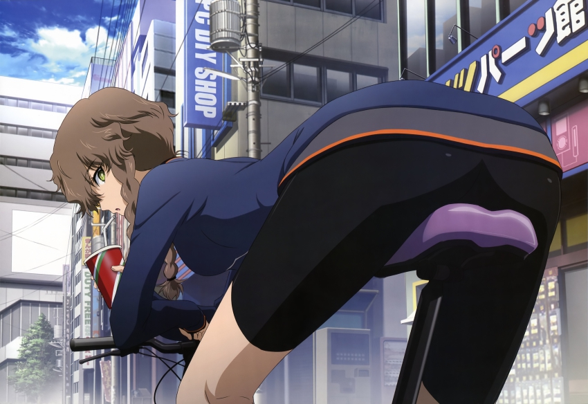 1girl absurdres amane_suzuha ass ass_focus bicycle bike_shorts braid brown_hair city cloud day drink female_focus highres long_hair looking_back non-web_source nyantype official_art sakai_kyuuta scan sky solo steins;gate twin_braids