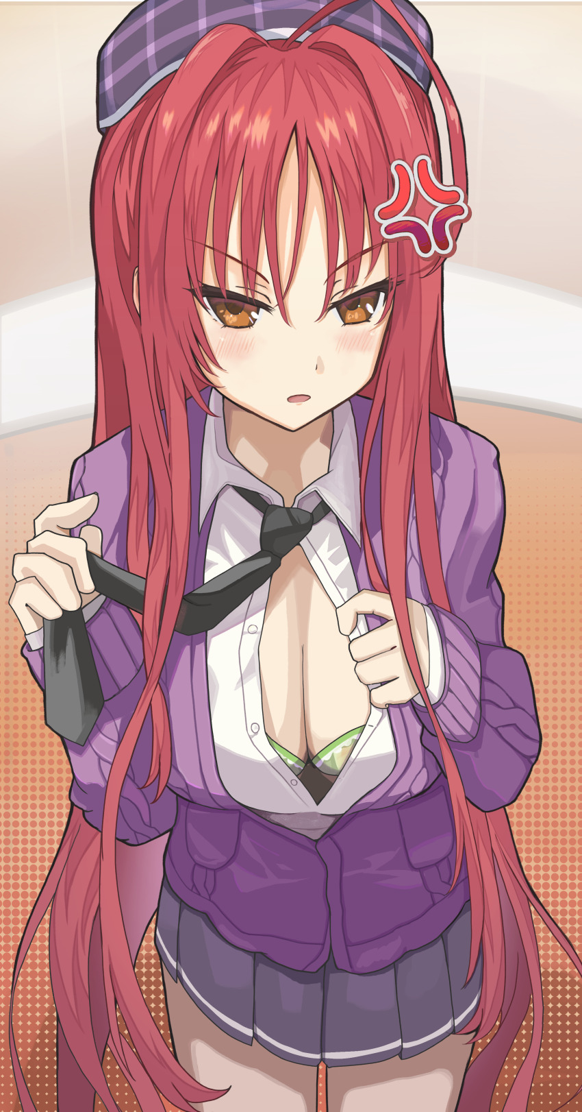 1girl absurdres ahoge anger_vein angry beret black_necktie black_skirt blush bra bra_peek breasts brown_eyes cardigan casual cleavage clothes_pull collared_shirt commentary cowboy_shot dracu-riot! eyelashes green_bra hair_between_eyes hair_intakes hat highres large_breasts leaning_forward long_hair long_sleeves looking_at_viewer miniskirt necktie official_alternate_costume open_clothes open_mouth open_shirt orange_background partially_unbuttoned plaid_clothes plaid_headwear pleated_skirt polka_dot polka_dot_background pulling_own_clothes purple_cardigan red_hair shirt shirt_pull sidelocks simple_background skirt sleeves_past_wrists solo tsurime underwear v-shaped_eyebrows very_long_hair westgon white_shirt yarai_miu