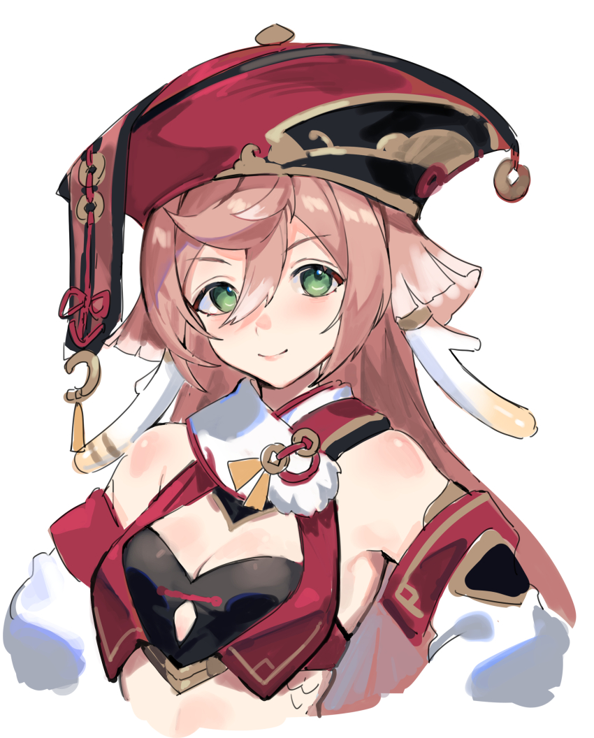 1girl absurdres bare_shoulders breasts cleavage commentary crop_top detached_sleeves genshin_impact green_eyes hair_between_eyes highres long_hair looking_at_viewer midriff pink_hair red_headwear simple_background small_breasts smile solo upper_body very_long_hair white_background xiangchizhubijin yanfei_(genshin_impact)