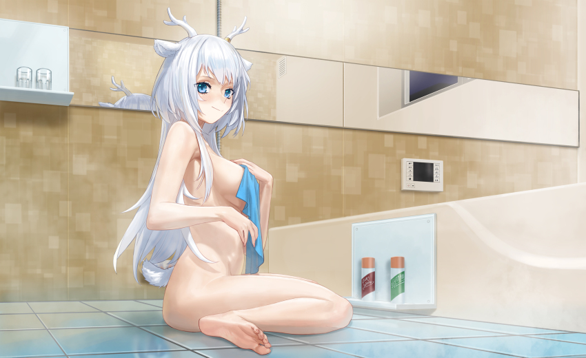 1girl absurdres agemmata animal_ears antlers barefoot bathroom blue_eyes blush breasts commentary deer_ears deer_girl deer_tail english_commentary feet from_side hakushika_iori highres holding holding_towel horns looking_at_viewer looking_to_the_side medium_breasts nude phase_connect shampoo_bottle smile soles solo tail toes towel virtual_youtuber white_hair
