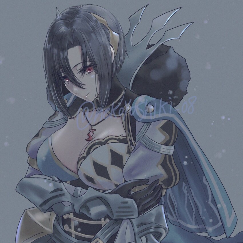1girl armored_collar asymmetrical_bangs black_hair breasts cleavage fire_emblem fire_emblem_engage fur_trim hair_between_eyes highres jewelry large_breasts long_sleeves looking_at_viewer necklace nekoyashiki_08 nel_(fire_emblem) nintendo red_eyes solo