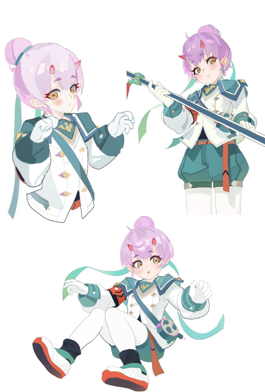 1girl blue_shorts blush commentary_request eyelashes fiona_(xenoblade) gbbgb321 gloves highres holding holding_staff horns multiple_views pants pants_under_shorts purple_hair short_hair shorts simple_background staff white_background white_gloves white_pants xenoblade_chronicles_(series) xenoblade_chronicles_3 yellow_eyes