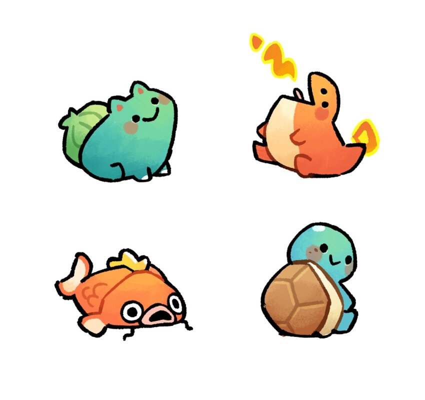 :&gt; blush breath_weapon breathing_fire bulbasaur charmander closed_mouth commentary dragon english_commentary fire fish flame-tipped_tail full_body gen_1_pokemon looking_at_viewer magikarp nintendo no_humans open_mouth pokemon pokemon_(creature) pokemon_focus simple_background smile squirtle stefscribbles tail turtle white_background