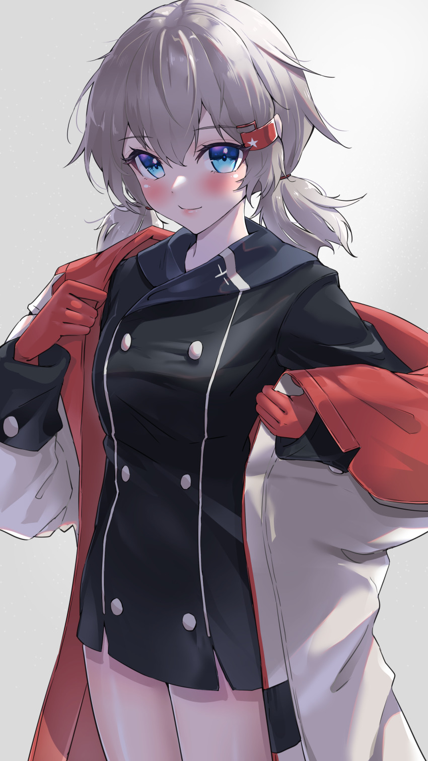 1girl absurdres azur_lane black_dress blue_eyes blush breasts buttons closed_mouth coat commentary cowboy_shot denver_(azur_lane) double-breasted dress gloves grey_background grey_hair hair_between_eyes hair_ornament hairclip highres holding hood hood_down hooded_coat long_hair long_sleeves looking_at_viewer low_twintails marumai medium_breasts open_clothes open_coat red_gloves sidelocks simple_background smile solo twintails undressing white_coat