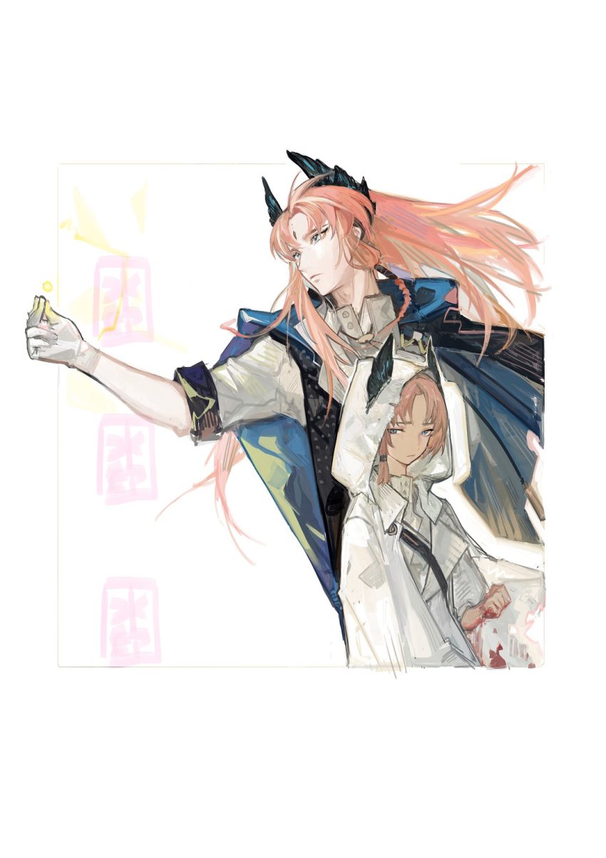 2boys arknights black_cape blue_eyes cape coat dual_persona gloves head_wings highres hood long_hair male_focus multiple_boys orange_hair passenger_(arknights) pipidan short_sleeves white_background white_coat white_gloves wings