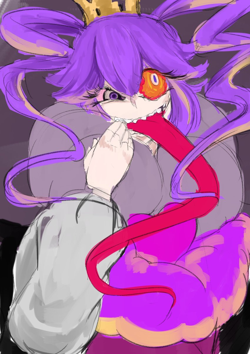 1girl absurdres black_background cackletta crazy_eyes drill_hair highres long_tongue mario_&amp;_luigi:_superstar_saga mario_&amp;_luigi_rpg mario_(series) new_super_mario_bros._u_deluxe nintendo puffy_sleeves purple_eyes purple_hair sharp_teeth simple_background sketch super_crown teeth tensui_komame tongue tongue_out twin_drills twintails upper_body