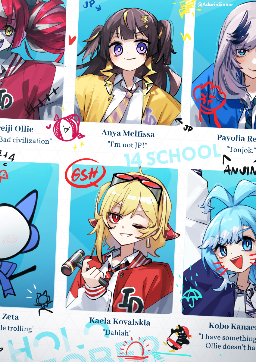 6+girls absurdres adarin ahoge anya_melfissa blonde_hair blue_background blue_eyes blue_hair brown_hair character_name commentary_request english_text goggles goggles_on_head grey_hair hair_bun highres hololive hololive_indonesia hololive_indonesia_school_uniform indonesian_text kaela_kovalskia kobo_kanaeru kureiji_ollie long_hair mallet multiple_girls necktie official_alternate_costume one_eye_closed partially_translated pavolia_reine purple_eyes red_eyes red_hair school_uniform smile thai_commentary translation_request two_side_up vestia_zeta virtual_youtuber yearbook yellow_eyes
