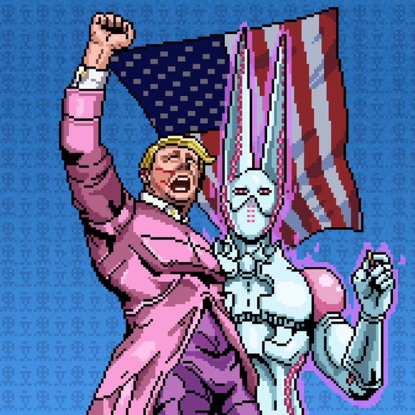 2024_attempted_assassination_of_donald_trump 2boys american_flag arm_up blonde_hair blood blood_on_ears blood_on_face blue_background bullet commentary cosplay dirty_deeds_done_dirt_cheap donald_trump formal_clothes funny_valentine funny_valentine_(cosplay) hei_wen holding holding_bullet jojo_no_kimyou_na_bouken male_focus multiple_boys open_mouth pink_suit pixel_art short_hair stand_(jojo) steel_ball_run suit text_background