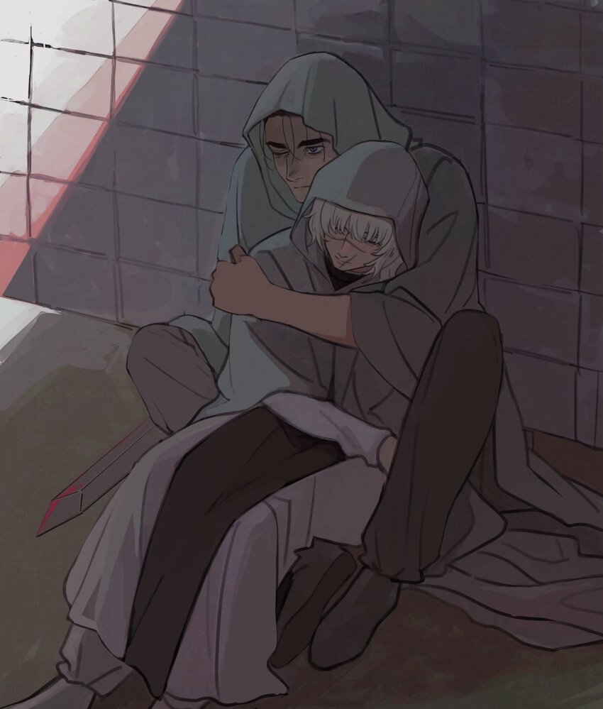 2boys arm_around_shoulder badeni black_pants black_shoes chi.:_chikyuu_no_undou_ni_tsuite closed_eyes foot_out_of_frame grey_robe highres hood hood_up hooded_robe male_focus multiple_boys oczy one_eye_closed pants protecting robe scar scar_on_face scar_on_mouth scar_on_nose shoes sitting sword weapon white_robe yaoi yuyuyuyriri