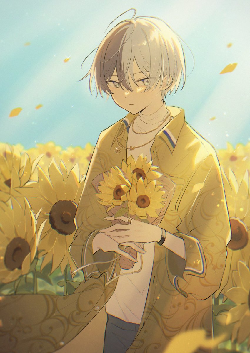 1boy aoyagi_touya backlighting black_eyes blue_hair blue_pants blue_sky blurry bouquet brown_coat chromatic_aberration clear_sky clothes_lift coat cowboy_shot day depth_of_field double_horizontal_stripe eyes_visible_through_hair field flower flower_field glint gold_necklace grey_eyes hair_between_eyes highres holding holding_bouquet jewelry jishio jitome light_blue_hair light_particles light_rays looking_afar male_focus mole mole_under_eye multicolored_hair necklace open_clothes open_coat outdoors pants parted_lips petals project_sekai ring sideways_glance sky split-color_hair striped sunflower sunflower_field sunlight sweater turtleneck turtleneck_sweater two-tone_hair unmoving_pattern white_sweater wind wind_lift yellow_flower yellow_theme