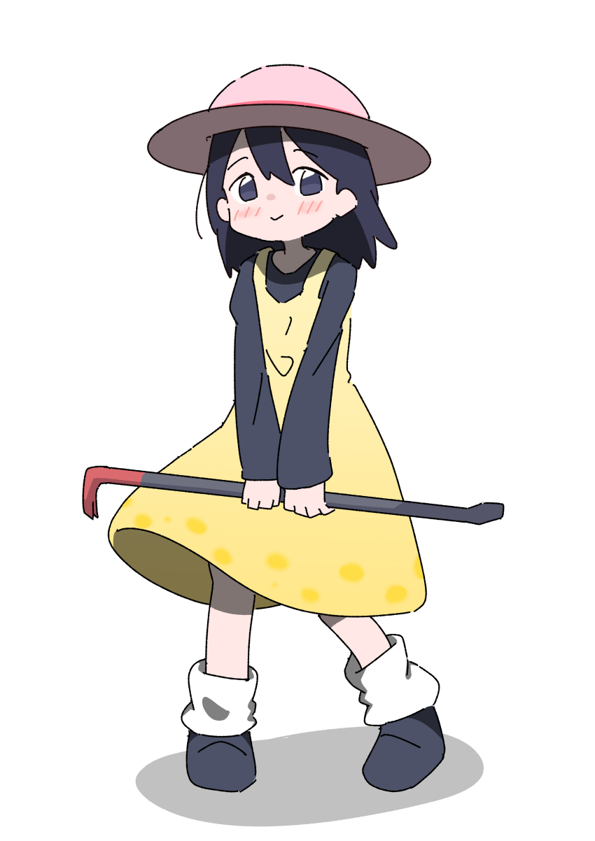 1girl absurdres andou_natsumi black_eyes black_hair black_shirt black_shoes blush crowbar dress hat highres holding holding_crowbar long_sleeves looking_at_viewer natsumi_step! nukegara_(pixiv_46266320) pink_hat polka_dot polka_dot_dress shirt shoes short_hair sleeveless sleeveless_dress smile socks standing white_background white_socks yellow_dress