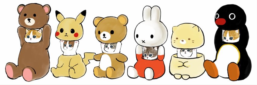 animal animal_costume bear_costume cat cat_costume closed_mouth commentary_request cosplay gen_1_pokemon highres mofu_sand nintendo no_humans original penguin_costume pikachu pikachu_(cosplay) pingu pingu_(cosplay) pokemon pokemon_(creature) rabbit_costume simple_background sitting x_mouth