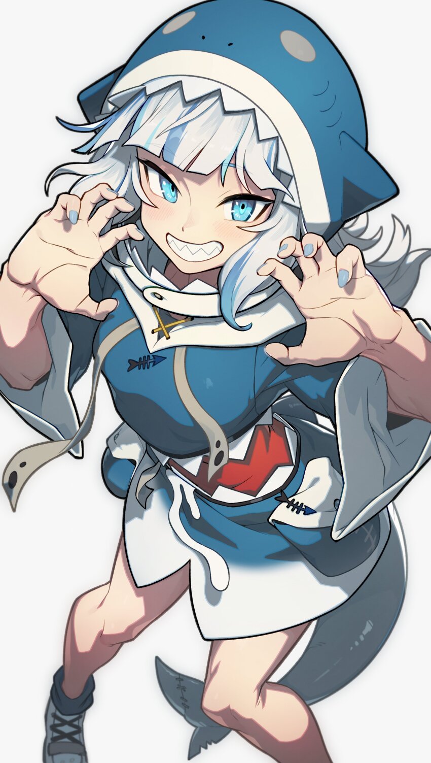1girl absurdres animal_hood blue_jacket blue_nails blunt_bangs breasts claw_pose commentary english_commentary fingernails fins fish_tail gawr_gura gawr_gura_(1st_costume) gradient_background grey_background hata4564 highres hololive hololive_english hood jacket long_sleeves looking_at_viewer medium_hair multicolored_hair nail_polish second-party_source shark_girl shark_hood shark_tail sharp_teeth small_breasts smile solo standing streaked_hair tail teeth thank_you thighs virtual_youtuber white_hair