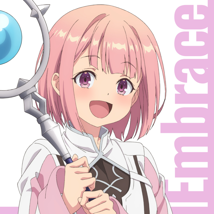 1girl absurdres album_cover bob_cut cover dot_nose english_text guild_no_uketsukejou_desu_ga_zangyou_wa_iya_nanode_boss_wo_solo_toubatsu_shiyou_to_omoimasu happy highres holding holding_staff koga_aoi long_sleeves looking_at_viewer lululee_ashford official_art open_mouth pink_eyes pink_hair short_hair staff tongue white_background