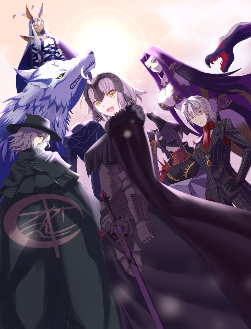 3boys 4girls absurdres animal_ears antonio_salieri_(fate) antonio_salieri_(second_ascension)_(fate) black_cape black_coat black_hat black_jacket blush bodysuit breasts cape cleavage coat dark-skinned_female dark_skin edmond_dantes_(fate) fate/grand_order fate_(series) fedora gorgon_(fate) grey_hair group_picture hat hessian_(fate) highres jacket jeanne_d&#039;arc_alter_(avenger)_(fate) jeanne_d&#039;arc_alter_(avenger)_(first_ascension)_(fate) jeanne_d&#039;arc_alter_(fate) large_breasts lobo_(fate) medusa_(fate) multiple_boys multiple_girls narukamikagerou nitocris_(fate) nitocris_alter_(fate) nitocris_alter_(first_ascension)_(fate) purple_eyes purple_hair rabbit_ears rider short_hair taira_no_kagekiyo_(fate) taira_no_kagekiyo_(second_ascension)_(fate) ushiwakamaru_(fate) white_bodysuit