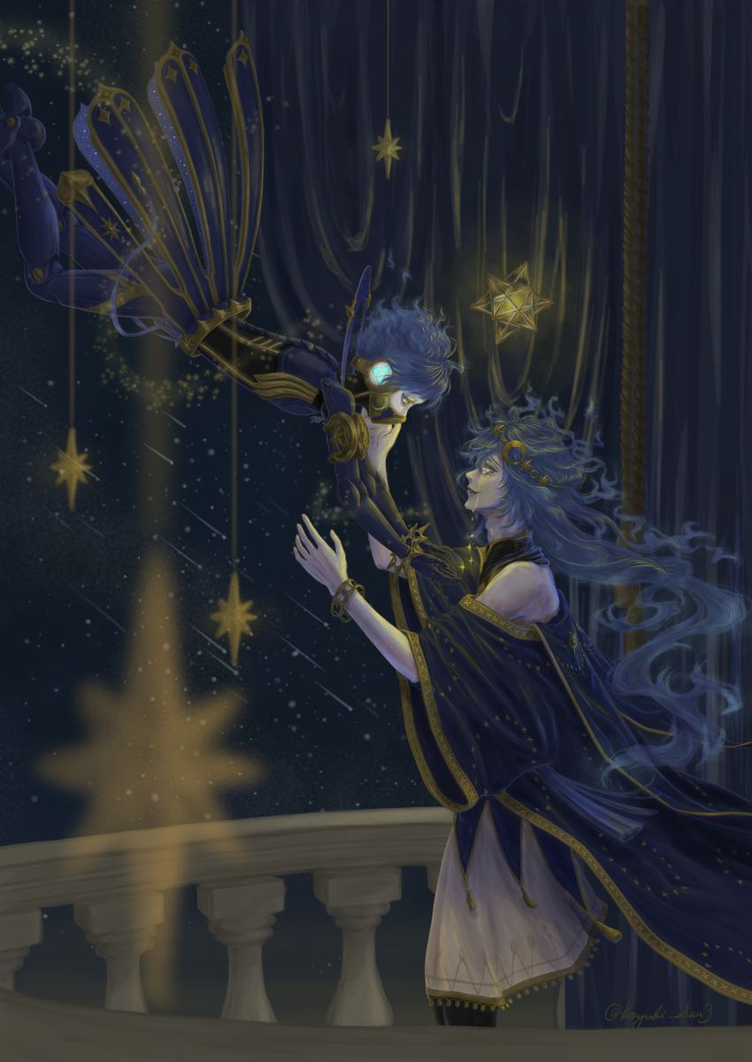2boys absurdres alternate_body_fluid arms_up balcony bare_shoulders black_legwear blue_hair blue_robe blurry bracelet colored_tears commentary covered_mouth crescent crescent_hair_ornament crown crying crying_with_eyes_open curtains depth_of_field english_commentary eye_contact eyelashes floating floating_hair fringe_trim glowing glowing_tears hair_ornament headphones highres idia_shroud jewelry joints koyubi_san3 long_hair long_sleeves looking_at_another male_focus mask mechabare meteor_shower mixed-language_commentary multiple_boys night night_sky ortho_shroud outstretched_arms pantyhose profile railing reaching respirator robe robot_joints shooting_star short_hair sky standing star_(sky) star_(symbol) star_tears starry_sky tassel tears twisted_wonderland twitter_username very_long_hair wavy_hair wide_sleeves