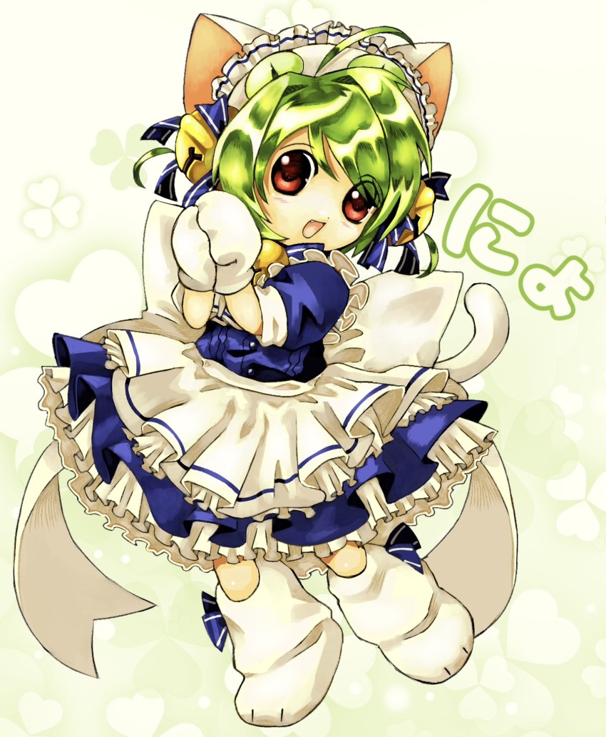1girl animal_hat apron bell blue_dress cat_hat cat_tail dejiko di_gi_charat dress eumillipes fang frilled_dress frills full_body green_hair hair_bell hair_ornament hat highres looking_at_viewer mittens open_mouth puffy_short_sleeves puffy_sleeves red_eyes short_sleeves solo tail white_apron white_background white_mittens