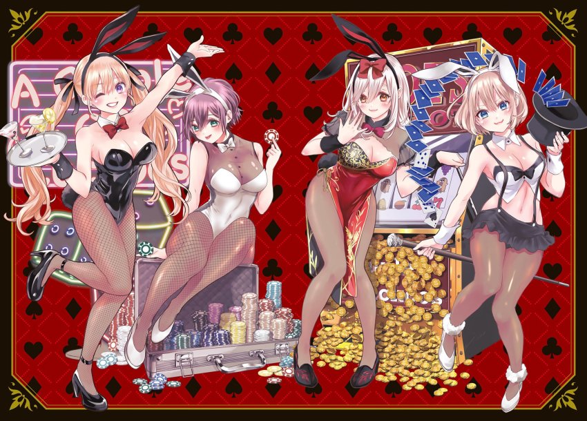 4girls :3 amano_erika animal_ears black_footwear black_legwear black_leotard blonde_hair blush bow breasts card case character_request china_dress chinese_clothes cleavage club_(shape) cocktail_glass coin copyright_request cup detached_collar diamond_(shape) dress drinking_glass fake_animal_ears fishnet_legwear fishnet_pantyhose fishnets gold_coin green_eyes hairband hat heart high_heels highres holding holding_plate kakkou_no_iinazuke knees_together_feet_apart large_breasts leotard long_hair midriff mochizuki_ai_(kakkou_no_iinazuke) multiple_girls navel neon_lights official_art orange_eyes pantyhose plate playboy_bunny playing_card poker_chip purple_eyes purple_hair rabbit_ears red_bow segawa_hiro shiny_skin short_hair slot_machine smile spade_(shape) token tongue top_hat twintails umino_sachi_(kakkou_no_iinazuke) white_footwear white_hair white_leotard wrist_cuffs yoshikawa_miki