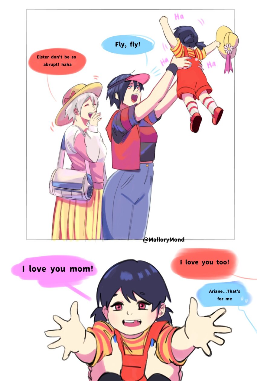 2girls ariane_yeong bag black_hair blue_eyes elster_(signalis) hat highres humanization mallory_mond mother_and_daughter multiple_girls overalls red_eyes short_hair signalis skirt smile twintails white_hair yuri