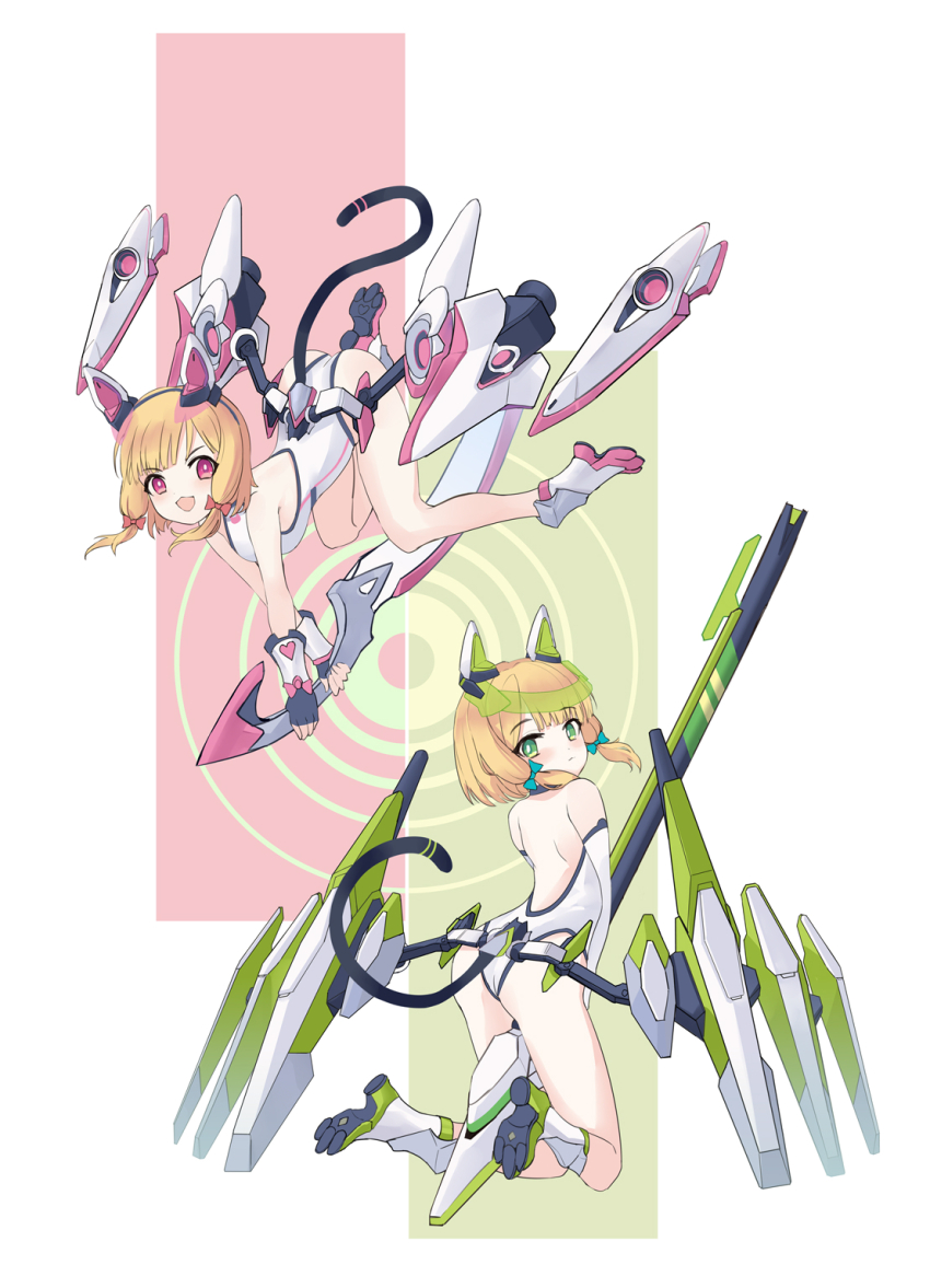 2girls :d animal_ears ass bare_shoulders black_gloves blonde_hair blue_archive blue_bow blush bobo_(6630978) boots bow breasts closed_mouth commentary_request fake_animal_ears fingerless_gloves gloves green_background green_eyes hair_bow highres leotard looking_at_viewer mecha_musume midori_(blue_archive) momoi_(blue_archive) multiple_girls open_mouth pink_background purple_eyes siblings sisters small_breasts smile tail twins two-tone_background white_background white_boots white_leotard