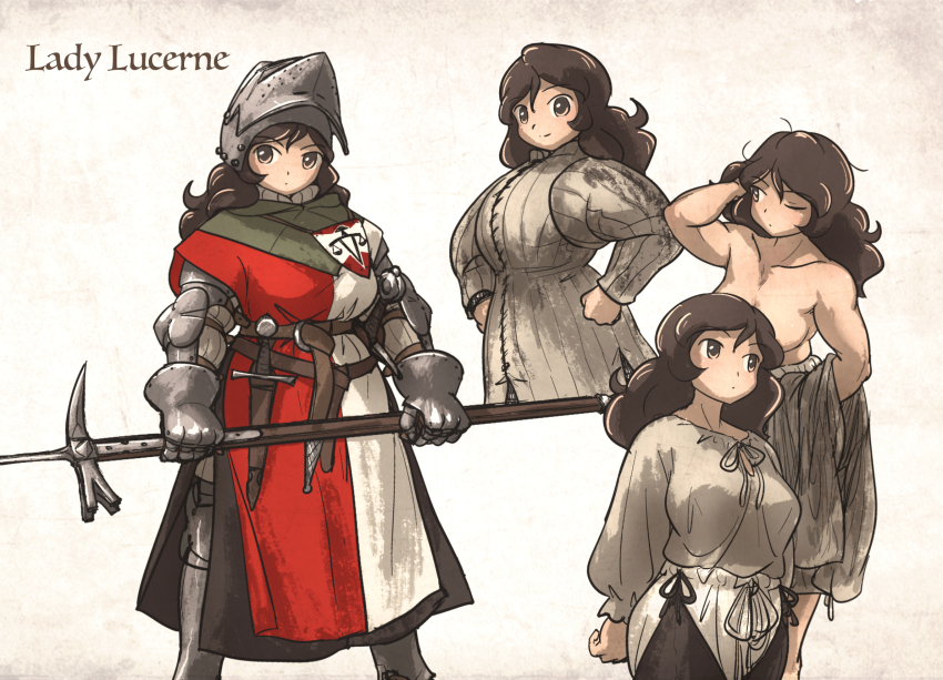 1girl armor balance_scale_print bascinet belt breasts brooch brown_eyes brown_hair character_name collarbone commentary convenient_censoring convenient_head couter cuisses dagger english_commentary gambeson gauntlets greaves hand_in_own_hair hands_on_own_hips helmet highres holding holding_polearm holding_unworn_clothes holding_weapon hosen_(clothing) hounskull ironlily jewelry knife lady_lucerne_(ironlily) long_hair looking_at_viewer lucerne_hammer medieval medium_breasts messy_hair multiple_views muscular muscular_female ordo_mediare_sisters_(ironlily) pauldrons polearm polehammer poleyn rerebrace scabbard sheath sheathed shoulder_armor simple_background standing surcoat sweat sword topless_female vambraces war_hammer weapon