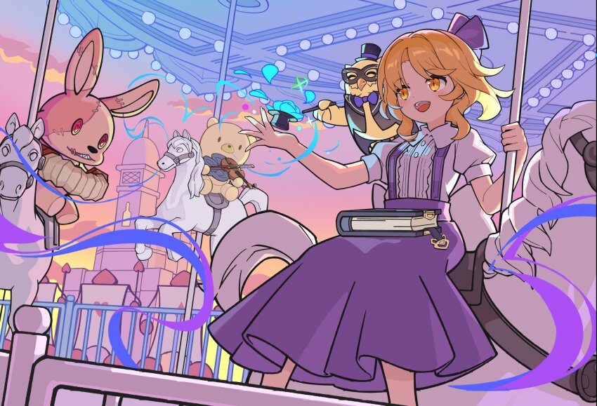 1girl alice_margatroid alice_margatroid_(pc-98) amusement_park bird blonde_hair blue_hairband blush book carousel castle comic_lo devilkillerx flower grimoire grimoire_of_alice hair_bobbles hair_ornament hairband hat highres holding holding_book horse horseback_riding magic open_mouth owl puffy_short_sleeves puffy_sleeves riding short_sleeves skirt smile stuffed_toy suspender_skirt suspenders teeth touhou touhou_lost_branch_of_legend upper_teeth_only