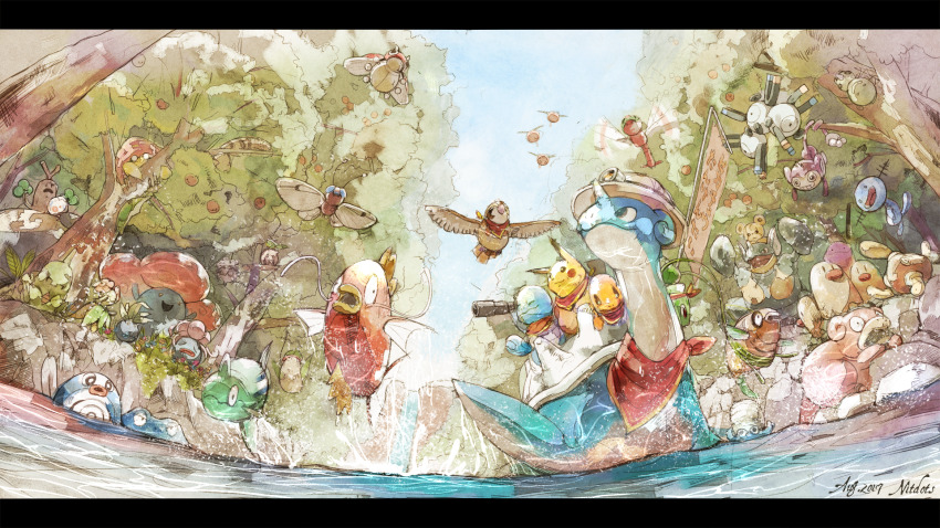 aipom bellossom blue_sky brown_hat butterfree charmander ditto dugtrio feebas funeumi furret game_freak gen_1_pokemon gen_2_pokemon gen_3_pokemon gen_4_pokemon gloom_(pokemon) hat highres holding holding_telescope hoppip lapras larvitar ledyba letterboxed magikarp magnemite nidoqueen nintendo oddish omanyte outdoors parasect pikachu pineco pokemon pokemon_(creature) poliwag poliwhirl remoraid river seedot shuckle sky slowpoke spinarak squirtle starly sudowoodo teddiursa telescope togepi tree victreebel vileplume water waterfall wooper yanma