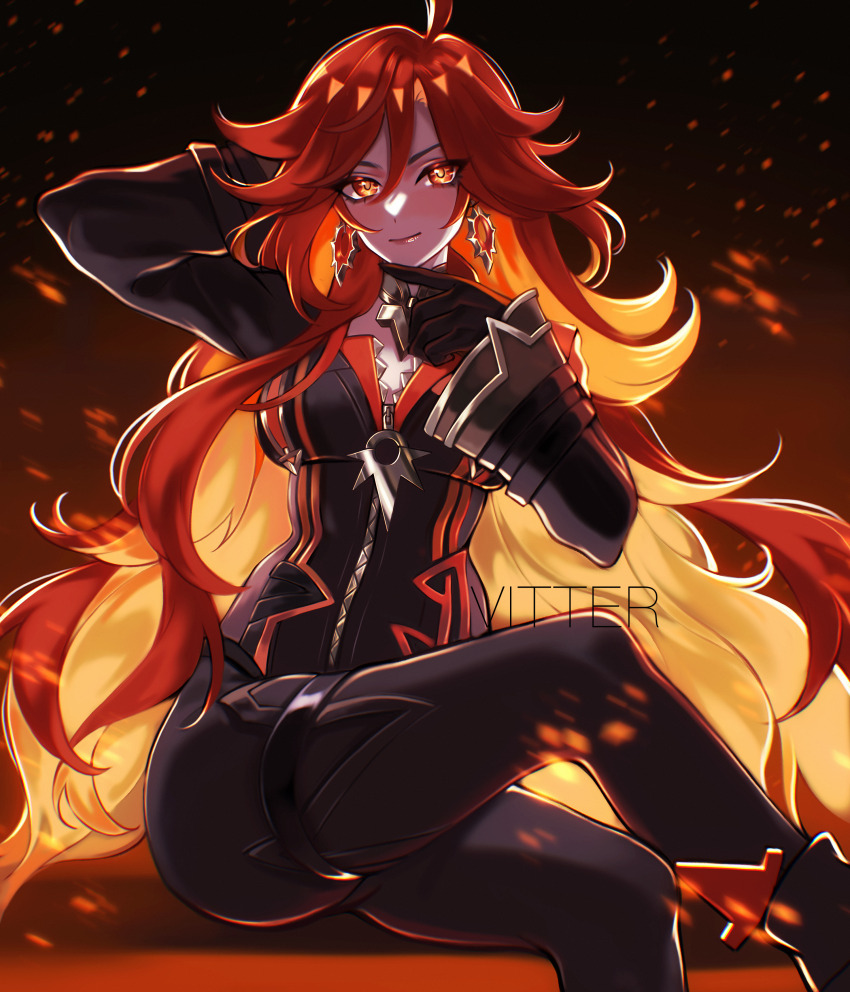 1girl absurdres ahoge arms_behind_head artist_name black_bodysuit black_gloves bodysuit colored_inner_hair commentary crossed_legs earrings embers english_commentary fire genshin_impact gloves hand_on_own_chin helenvitter highres jewelry long_hair long_sleeves mavuika_(genshin_impact) multicolored_hair orange_eyes orange_hair sitting solo two-tone_hair zipper