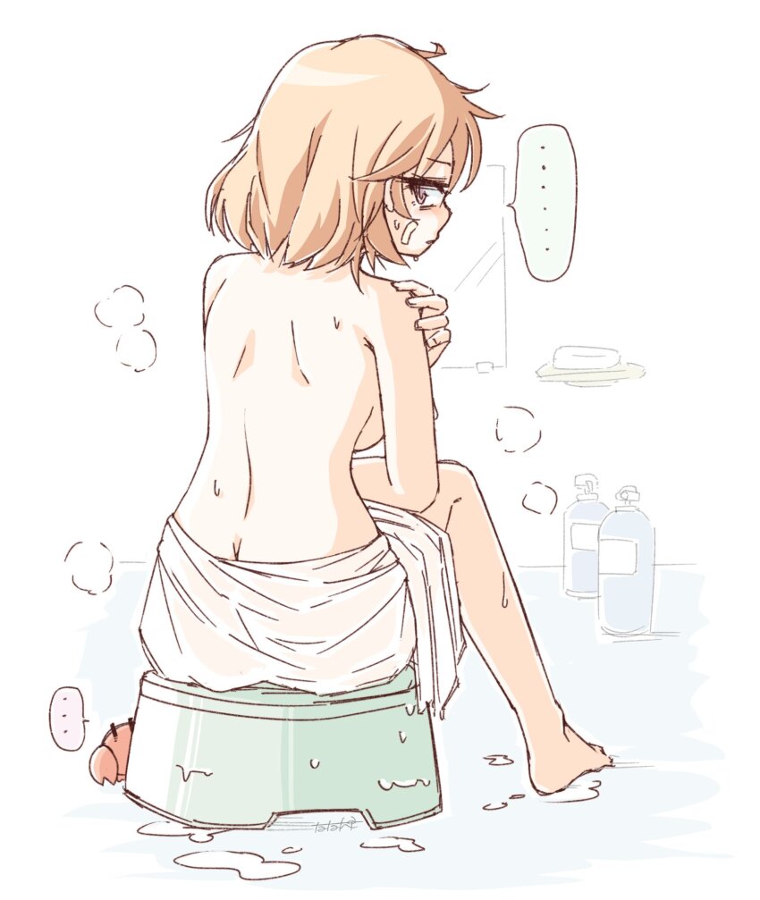 ... 1girl ahoge bandaid bandaid_on_face bath_stool bathing breasts brown_eyes brown_hair butt_crack commentary_request crab from_behind highres kantai_collection looking_at_viewer looking_back medium_breasts naked_towel oboro_(kancolle) shampoo_bottle short_hair solo spoken_ellipsis stool tatahai topless_female towel