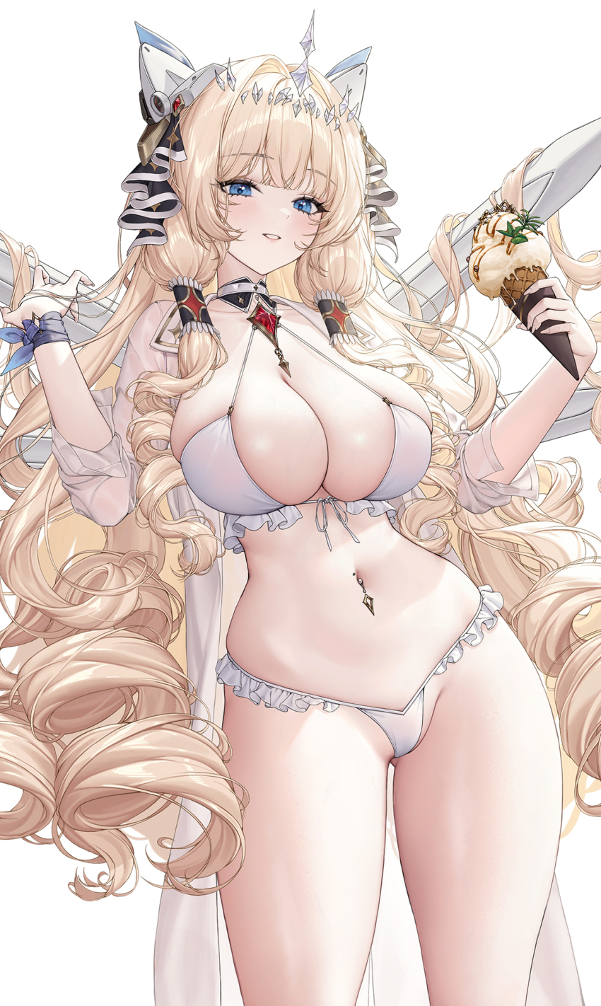 1girl animal_ears bikini blonde_hair blue_eyes blush breasts cleavage commentary cropped crown_(nikke) drill_hair fake_animal_ears food frilled_bikini frills goddess_of_victory:_nikke halterneck hands_up headgear highres holding holding_food holding_ice_cream holding_ice_cream_cone ice_cream ice_cream_cone large_breasts long_hair looking_at_viewer mechanical_ears multiple_scoops navel_piercing piercing simple_background skindentation smile solo subong swimsuit thighs too_many_drills very_long_hair white_background white_bikini
