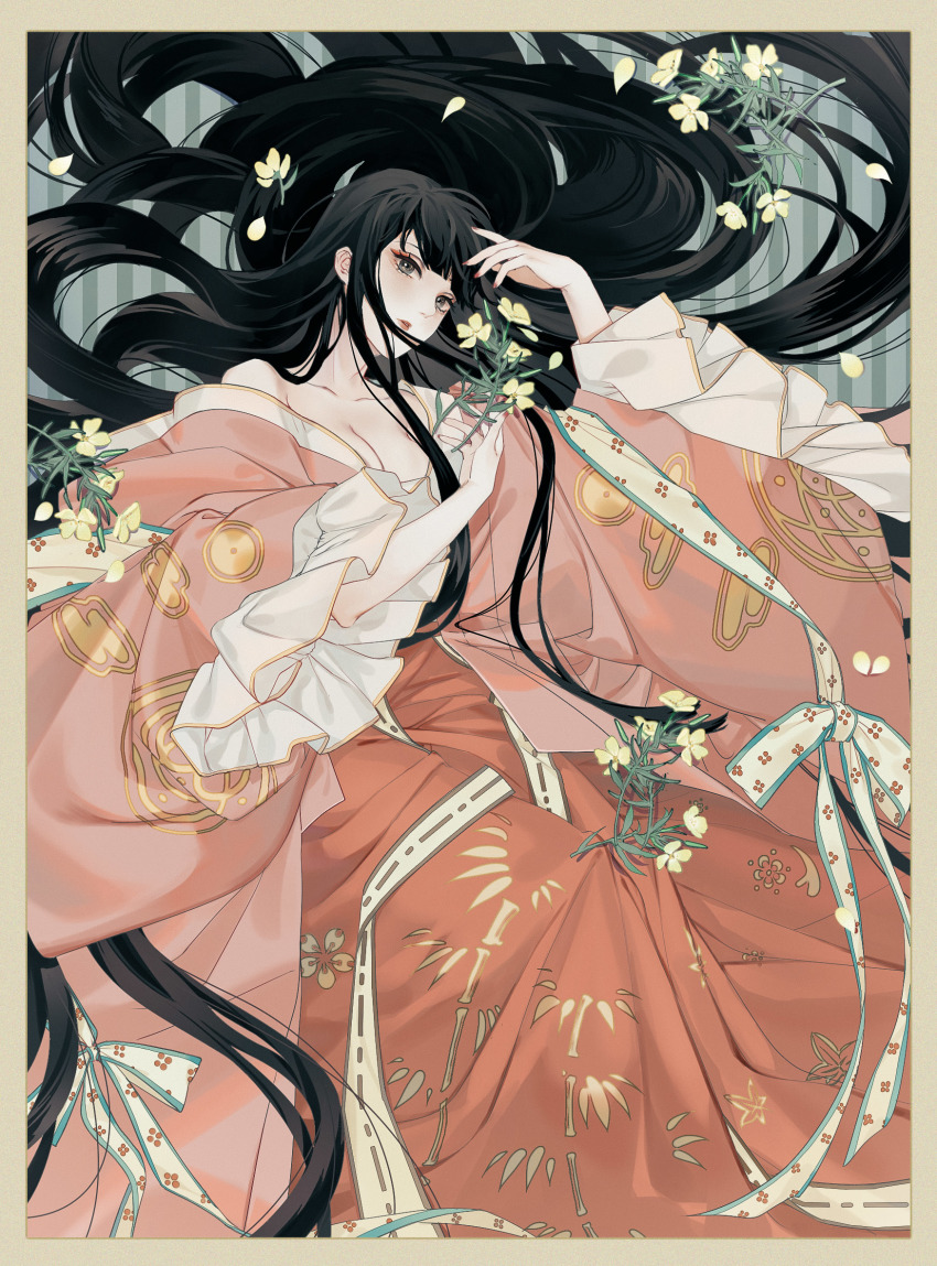 1girl arm_up bamboo_print bare_shoulders black_hair blue_background border breasts brown_border cleavage commentary fingernails flower frilled_sleeves frills grey_eyes hair_spread_out hand_on_own_forehead head_tilt highres holding holding_flower houraisan_chouko houraisan_kaguya lips long_hair long_sleeves nail_polish off-shoulder_shirt off_shoulder parted_lips petals pink_shirt primrose_(flower) reclining red_nails red_skirt shirt skirt solo striped_background touhou very_long_hair wide_sleeves