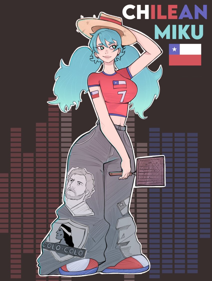 1girl aqua_hair baggy_pants character_name chile chilean_flag full_body grey_pants hat hatsune_miku highres holding jeyzaturn latin_american_hatsune_miku_(meme) long_hair midriff navel outline pants print_pants print_shirt red_shirt red_shoes shirt shoes short_sleeves solo standing straw_hat twintails vocaloid white_outline worldwide_miku