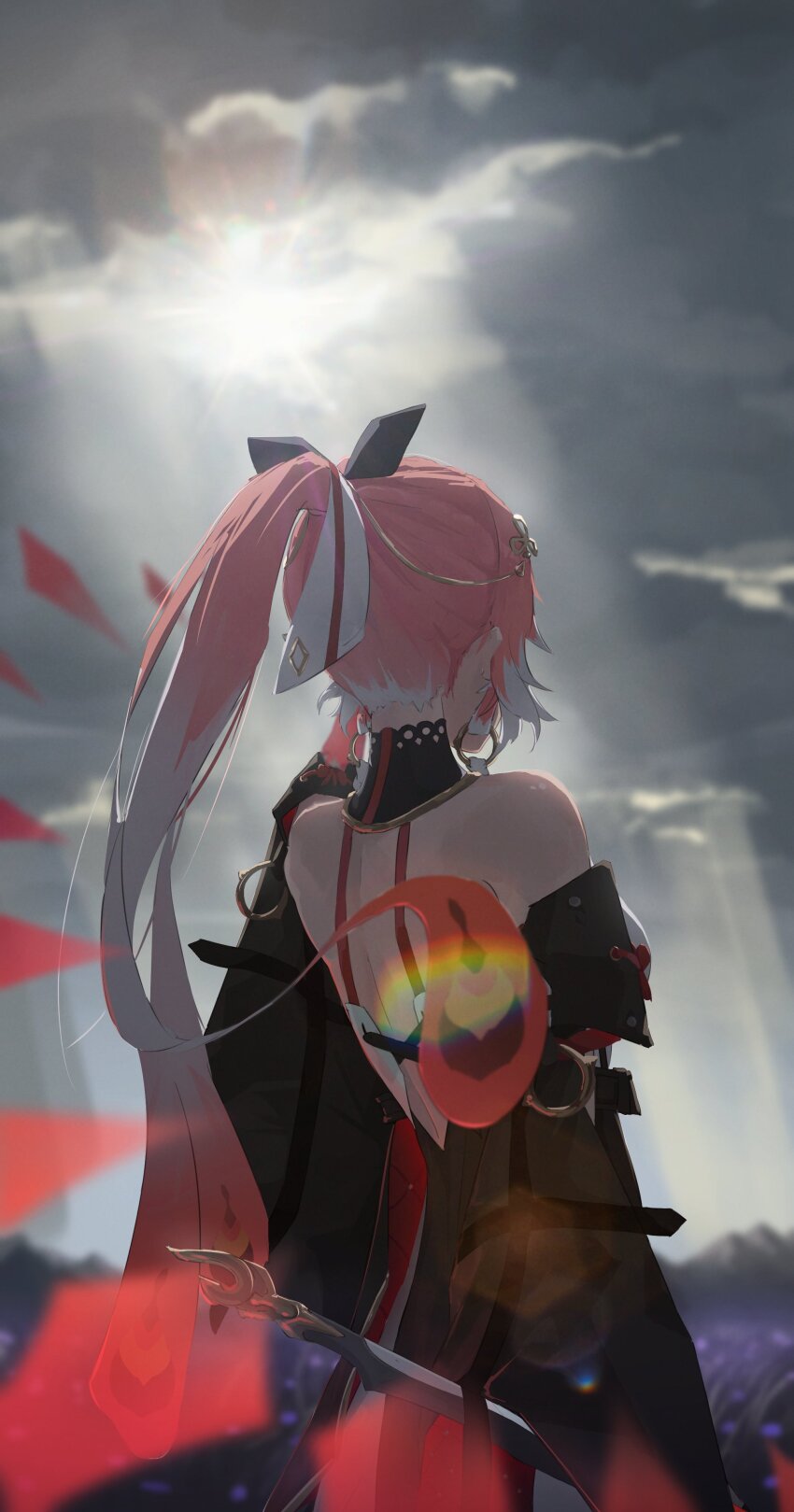1girl absurdres bare_shoulders black_bow black_coat black_collar blurry blurry_background bow changli_(wuthering_waves) cloud cloudy_sky coat collar commentary_request cowboy_shot eien_001 facing_ahead from_behind grey_sky hair_bow hair_extensions hair_ornament high_ponytail highres median_furrow multicolored_hair nape outdoors pink_hair ponytail ring_hair_extensions shoulder_blades sidelocks sky solo standing sword two-tone_hair weapon white_bow white_hair wuthering_waves