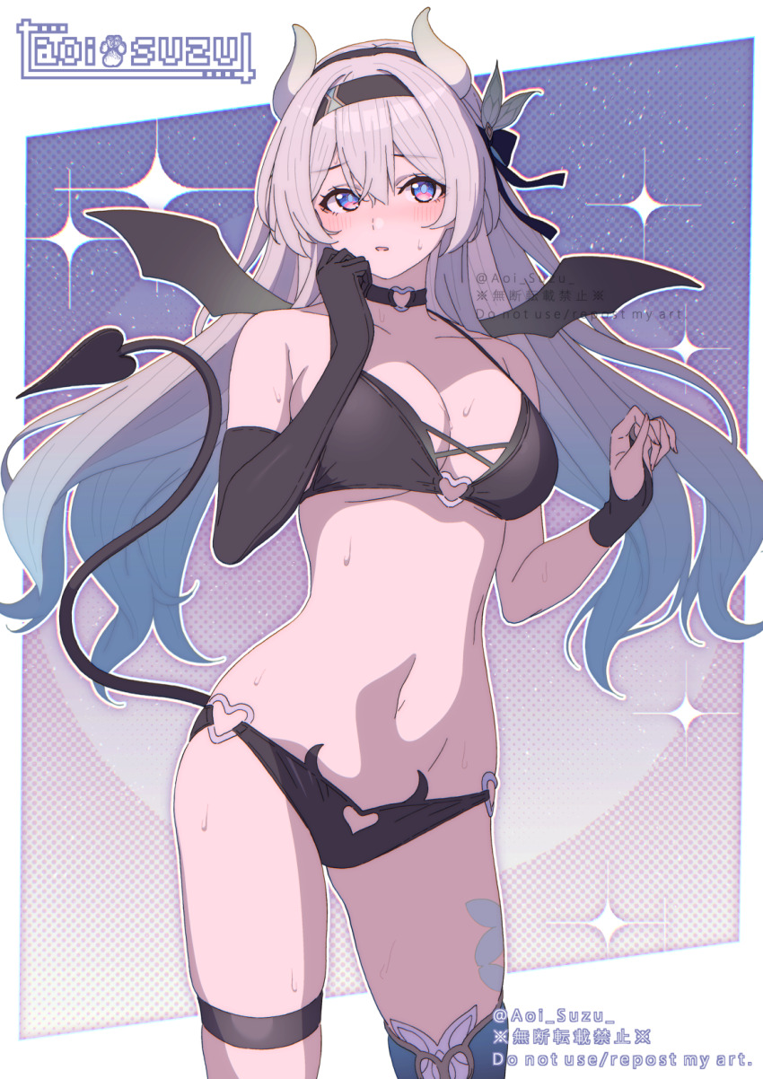 1girl alternate_costume aoi_suzu aqua_thighhighs bikini black_bikini black_bridal_gauntlets black_gloves black_hairband bridal_gauntlets demon_horns demon_tail demon_wings elbow_gloves firefly_(honkai:_star_rail) gloves gradient_hair grey_hair hair_between_eyes hair_ornament hairband highres honkai:_star_rail honkai_(series) horns long_hair looking_at_viewer multicolored_eyes multicolored_hair navel parted_lips single_bridal_gauntlet single_glove single_thighhigh solo stomach sweat swimsuit tail thigh_strap thighhighs wings