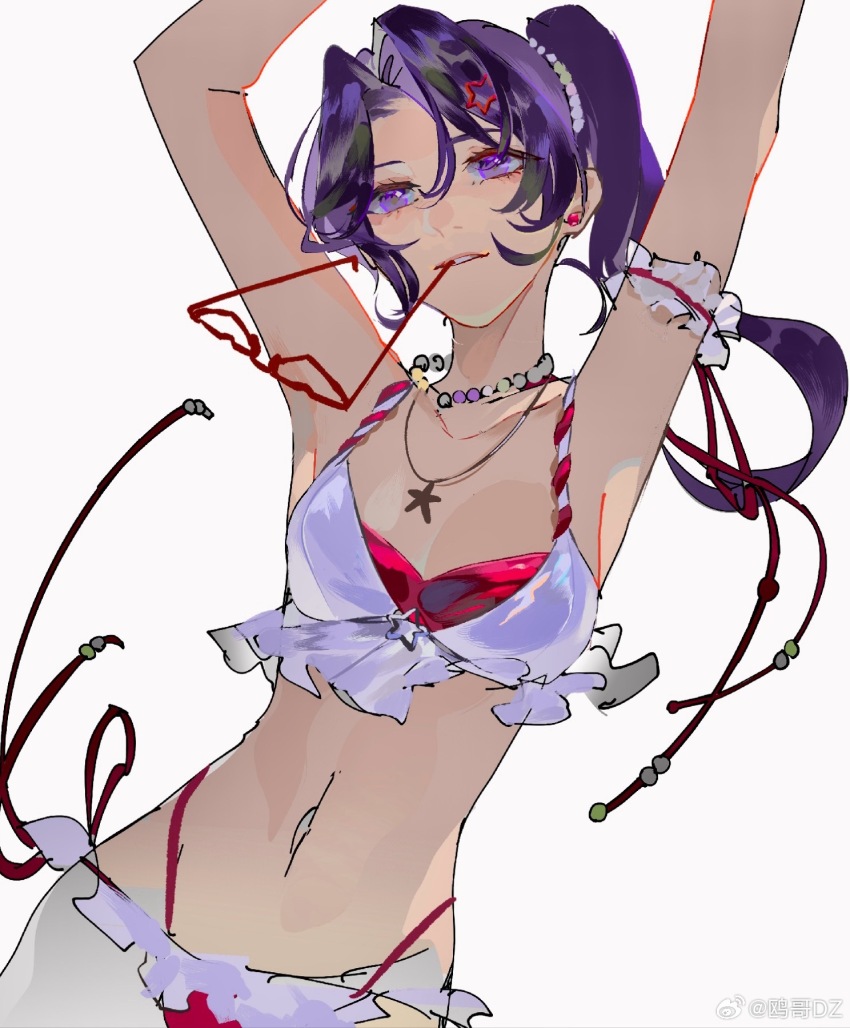 1girl armpits arms_up ayame_en_(ouge_dz) bare_arms bare_shoulders bead_choker beads bikini earrings expressionless frilled_armlet frilled_bikini frills glasses hair_beads hair_between_eyes hair_ornament hairclip heart heart-shaped_eyewear high_side_ponytail highleg highleg_bikini highres holding holding_removed_eyewear jewelry long_hair looking_at_viewer mismatched_bikini mouth_hold navel necklace original ouge_dz parted_bangs purple_eyes purple_hair red-framed_eyewear red_bikini red_ribbon ribbon simple_background solo star_(symbol) star_hair_ornament star_necklace stomach stud_earrings swimsuit thighs unworn_eyewear watermark weibo_watermark white_background white_bikini