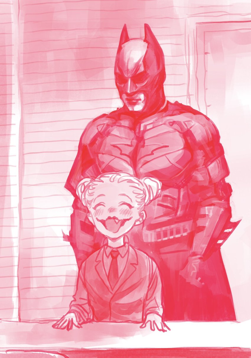 1boy 1girl batman batman_(series) blush chair cosplay cowl dc_comics door double_bun fang glasgow_smile haguhagu_(rinjuu_circus) hair_bun highres indoors laughing looking_at_another monochrome necktie open_mouth original parody sasha_(haguhagu) scene_reference sitting sketch standing table the_dark_knight the_joker the_joker_(cosplay)