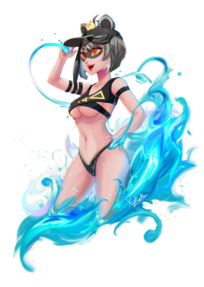 1girl animal_ears bikini black_bikini breasts brown_hair commission cubeskar hat highres indie_virtual_youtuber large_breasts navel open_mouth orange_eyes raccoon_ears raccoon_girl short_hair signature snuffy_(vtuber) swimsuit underboob virtual_youtuber water waves white_background yellow_eyes