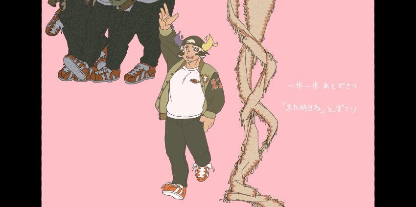 6+boys alternate_costume animal_ears asymmetrical_horns backwards_hat bara baseball_cap clone cow_boy cow_ears cow_horns dark-skinned_male dark_skin facial_hair fiery_horns flat_color forked_eyebrows full_body glowing_horns goatee haishiba_ame hand_up hat head_out_of_frame highres hockey_sweater horns kyu-kurarin kyu-kurarin_(cevio) large_pectorals male_focus mismatched_horns multiple_boys muscular muscular_male pectorals pink_background purple_horns shoes short_hair sideburns_stubble sneakers spiked_hair stubble thick_eyebrows tokyo_houkago_summoners translation_request unworn_clothes wakan_tanka wakan_tanka_mugen waving white_hair
