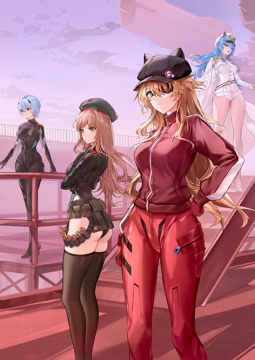 4girls absurdres ass ayanami_rei blue_hair bodysuit crossover eru_(eru_illust) eyepatch goddess_of_victory:_nikke helm_(nikke) highres long_hair mecha_pilot_suit micro_shorts multiple_girls neon_genesis_evangelion orange_hair plugsuit_(evangelion) rapi_(nikke) red_bodysuit short_hair shorts souryuu_asuka_langley white_shorts