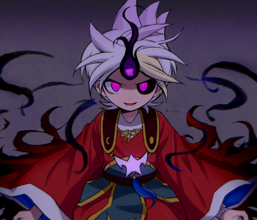 1boy amano_keita black_fire black_sclera blonde_hair bright_pupils coat colored_sclera crescent_mouth dot_nose fire grey_background kokouemae kugutsu_ken-ou light_smile loincloth long_sleeves looking_afar looking_ahead male_focus mismatched_sclera multicolored_hair open_hands parted_lips pink_eyes red_coat sash solo straight-on streaked_hair umbrakinesis upper_body v-neck v_arms white_hair wide_sleeves youkai_watch