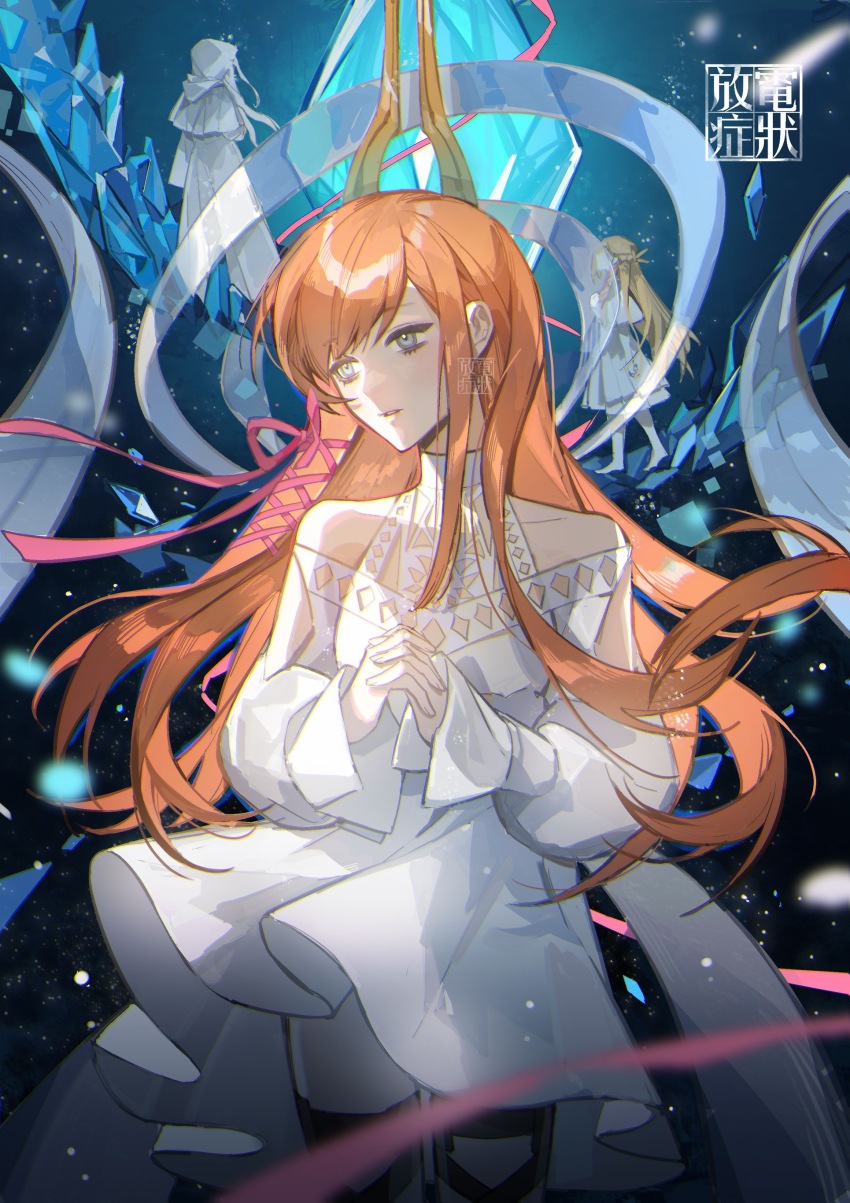 3girls absurdres artist_name bare_shoulders blue_background blue_eyes clothing_cutout collarbone cowboy_shot crystal dress expressionless final_fantasy final_fantasy_xiv garter_straps hair_ribbon headpiece highres hyur interlocked_fingers light_particles long_hair looking_to_the_side minfilia_warde multiple_girls orange_hair own_hands_clasped own_hands_together parted_lips penzai_fengli ribbon ryne_waters shards shoulder_cutout solo_focus square_enix venat_(ff14) white_dress