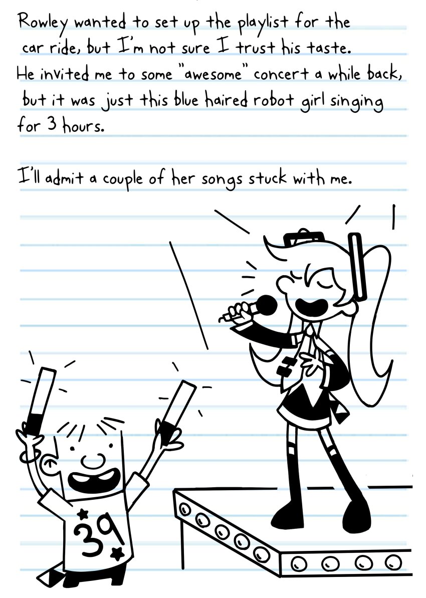 1boy 1girl :d absurdres arms_up boots buck_teeth commentary crossover diary_of_a_wimpy_kid dizzyisdizzy english_commentary english_text glowstick greyscale hatsune_miku highres holding holding_glowstick holding_microphone jeff_kinney_(style) lined_paper microphone monochrome necktie open_mouth parody rowley_jefferson shirt short_sleeves skirt smile style_parody teeth thigh_boots twintails vocaloid