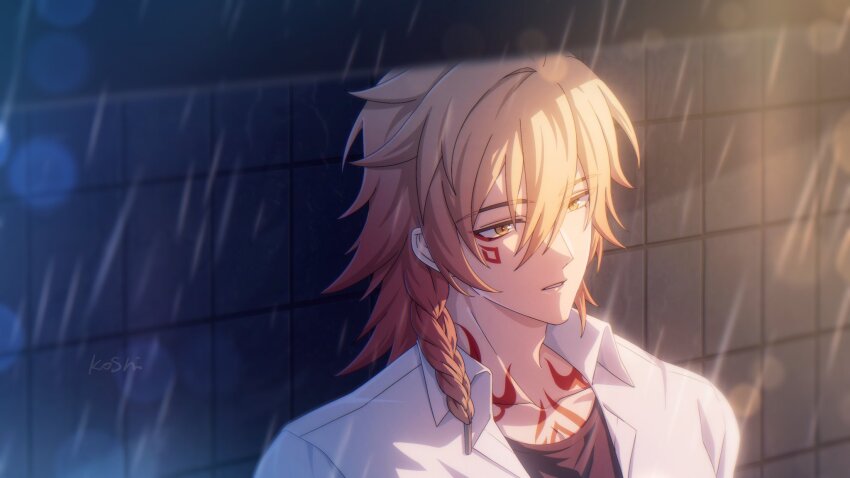 1boy alternate_costume black_shirt blonde_hair braid chinese_commentary collared_shirt commentary_request facial_tattoo gradient_hair hair_between_eyes highres honkai:_star_rail honkai_(series) koshikun male_focus medium_hair multicolored_hair mydei_(honkai:_star_rail) open_clothes open_shirt rain red_hair red_tattoo shirt side_braid solo tattoo white_shirt yellow_eyes