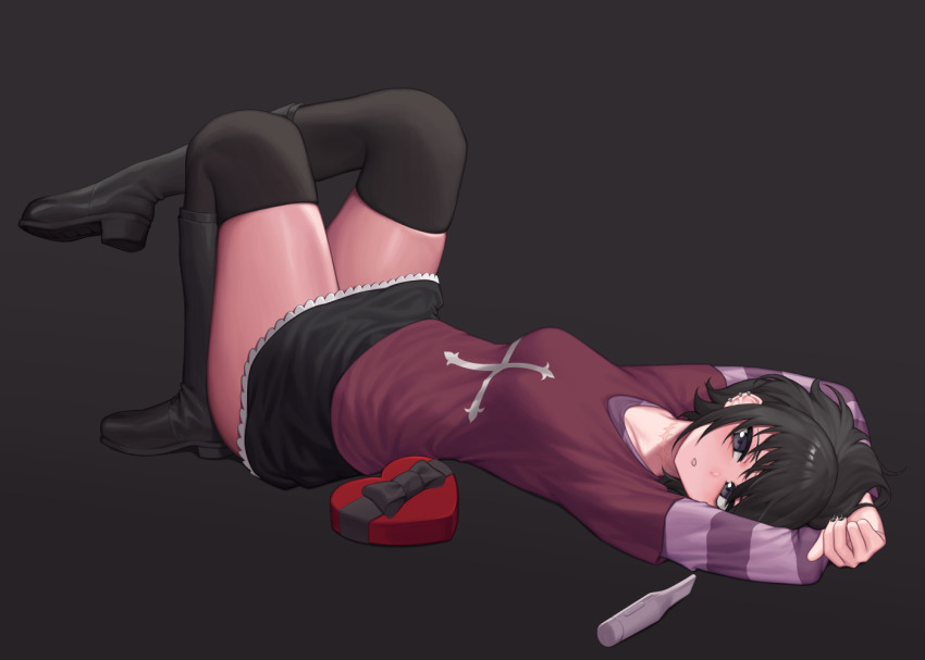 1girl arms_behind_head black_background black_boots black_eyes black_hair black_lagoon black_nails black_skirt black_thighhighs boots box breasts cinko cross cross_print dark_background dutch_angle electrolarynx fingernails frederica_sawyer frilled_skirt frills full_body heart-shaped_box knee_boots knee_up layered_sleeves leg_up long_sleeves looking_at_viewer looking_to_the_side lying matching_hair/eyes medium_breasts miniskirt nail_polish on_back parted_lips red_shirt scar scar_on_neck shirt short_hair short_over_long_sleeves short_sleeves simple_background skindentation skirt solo thighhighs thighhighs_under_boots