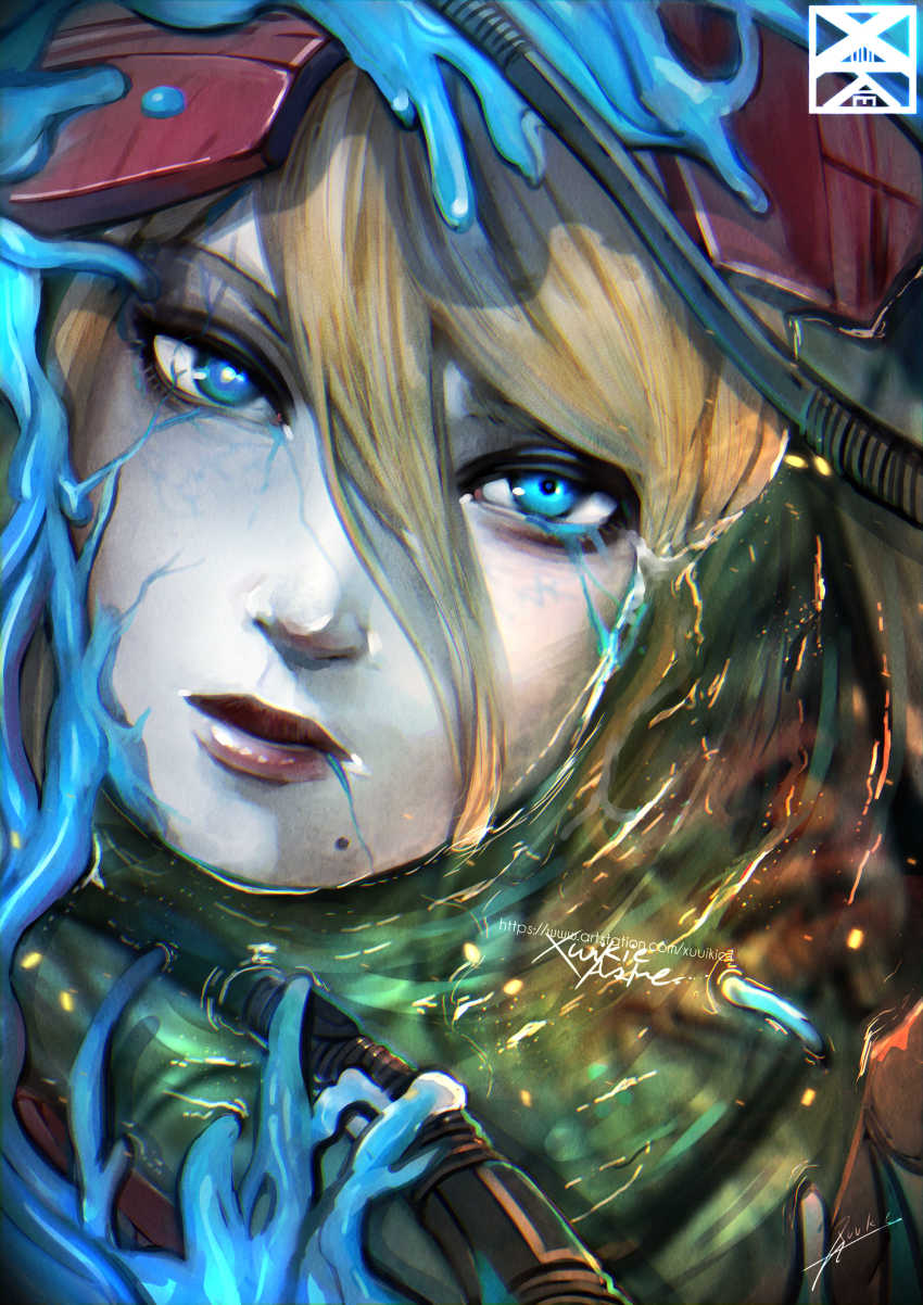 1girl absurdres artstation_username blonde_hair blue_eyes broken_helmet close-up highres looking_at_viewer metroid metroid_prime_3:_corruption mole mole_under_mouth nintendo partially_submerged phazon power_suit_(metroid) samus_aran signature varia_suit veins watermark web_address xuuikie_ashe