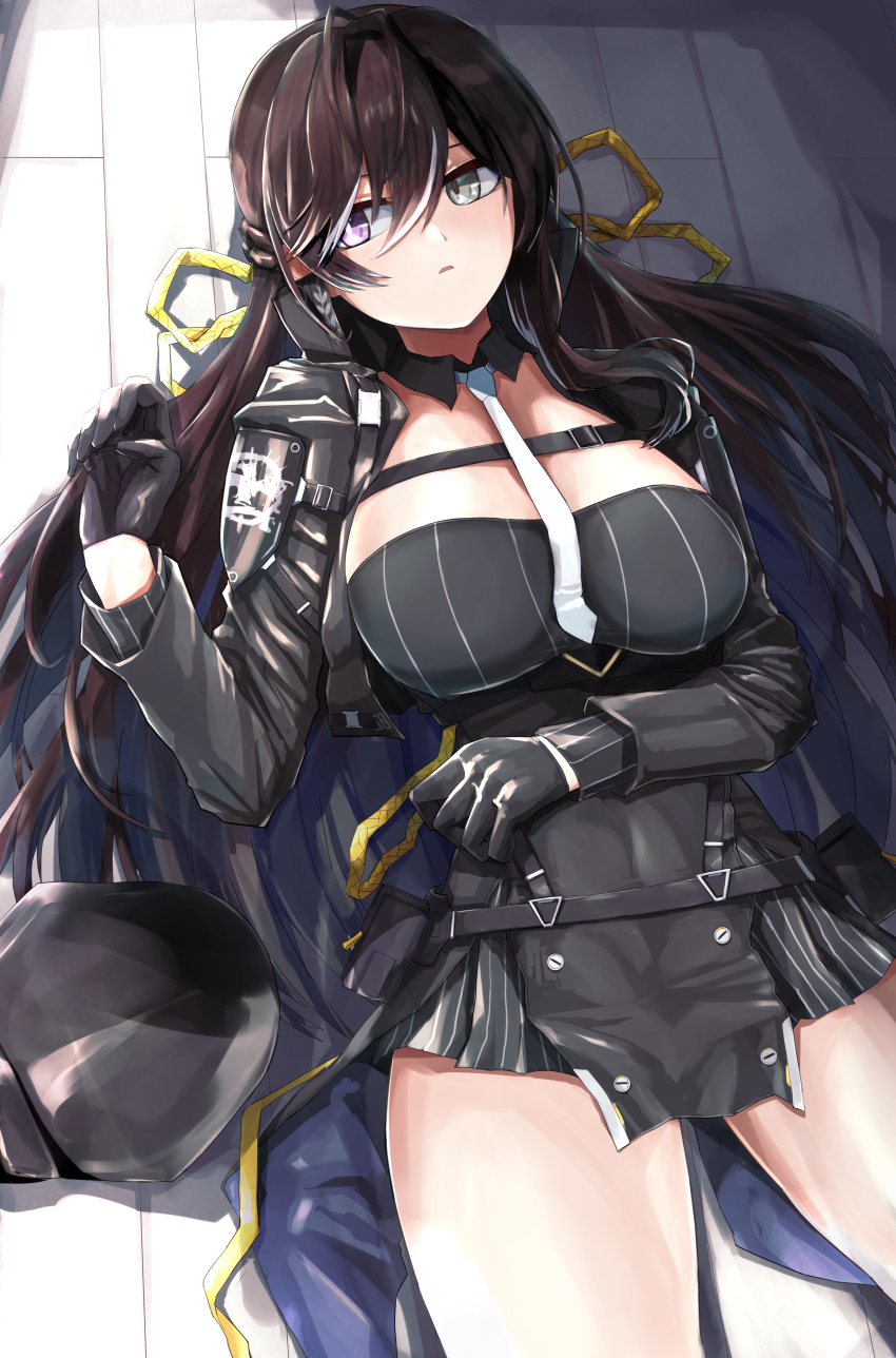 1girl absurdres black_dress black_gloves black_hat black_jacket breasts bright_pupils brown_hair chest_strap collared_jacket commentary counter:side cropped_jacket detached_collar dress emblem english_commentary gloves grey_eyes hair_between_eyes half_updo hat heterochromia high_collar highres jacket karin_wong large_breasts long_sleeves looking_to_the_side lying mismatched_pupils msto multicolored_hair necktie on_back on_floor open_clothes open_jacket parted_lips pelvic_curtain pinstripe_dress pinstripe_pattern pouch purple_eyes short_dress sidelighting sideways_glance solo streaked_hair underbust unworn_hat unworn_headwear white_hair white_necktie white_pupils