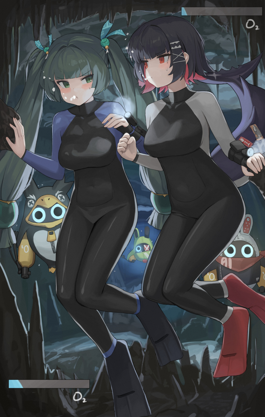 2girls absurdres air_bubble amillion_(zenless_zone_zero) bangboo_(zenless_zone_zero) black_hair black_wetsuit blush breasts bubble cave colored_inner_hair commission diving dolri ellen_joe eous_(zenless_zone_zero) fins fish_tail flashlight flippers green_eyes green_hair health_bar highres long_hair medium_breasts multicolored_hair multiple_girls penguinboo_(zenless_zone_zero) pixiv_commission qingyi_(zenless_zone_zero) red_eyes red_hair shark_girl shark_tail tail twintails underwater zenless_zone_zero