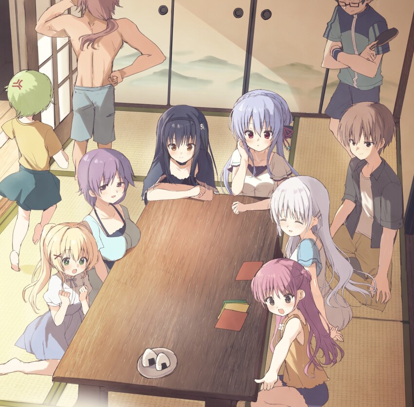 +_+ 3boys 6+girls :d ^_^ anger_vein barefoot black_hair blonde_hair blue_hair blue_skirt braid breast_rest breasts breasts_on_table brown_eyes brown_hair closed_eyes commentary crossed_arms crown_braid dress everyone from_above green_eyes hairclip happy high-waist_skirt highres index_finger_raised indoors kanou_tenzen katou_umi kushima_kamome large_breasts long_hair low_ponytail mitani_ryouichi mizuori_shizuku multiple_boys multiple_girls naruse_shiroha nomura_miki open_mouth parallel_hairclips pink_hair ponytail red_eyes shirt short_hair short_sleeves sidelighting sidelocks sitting skirt skull_and_crossbones smile sorakado_ao standing summer_pockets table takahara_hairi takepoison tan topless_male tsumugi_wenders twintails two_side_up white_dress white_hair white_shirt yellow_eyes
