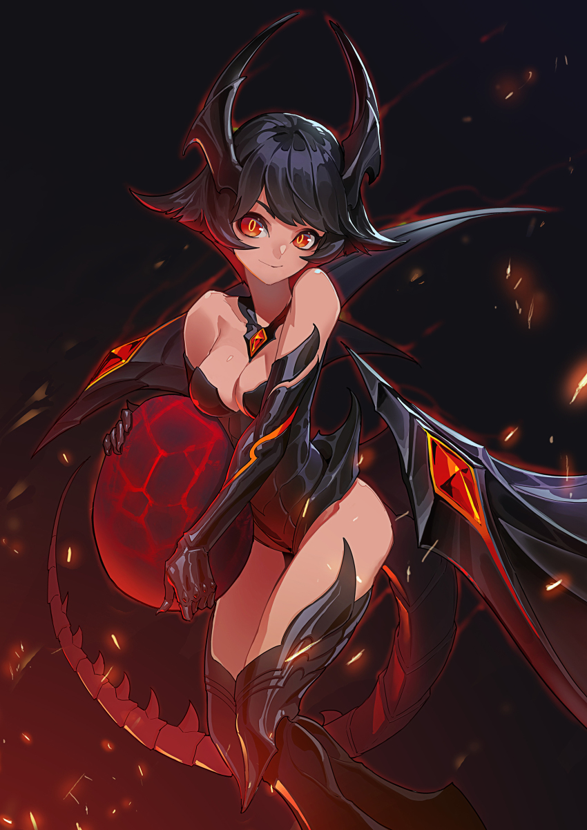 1girl absurdres armored_boots armored_leotard black_boots black_gloves black_hair black_leotard boots breasts cleavage closed_mouth dragon_egg dragon_girl dragon_tail egg elbow_gloves gem gloves highres holding holding_egg horns leotard looking_at_viewer medium_breasts medium_hair personification red-eyes_black_dragon red_eyes red_gemstone smile solo strapless strapless_leotard swept_bangs tail to_hsu yu-gi-oh!