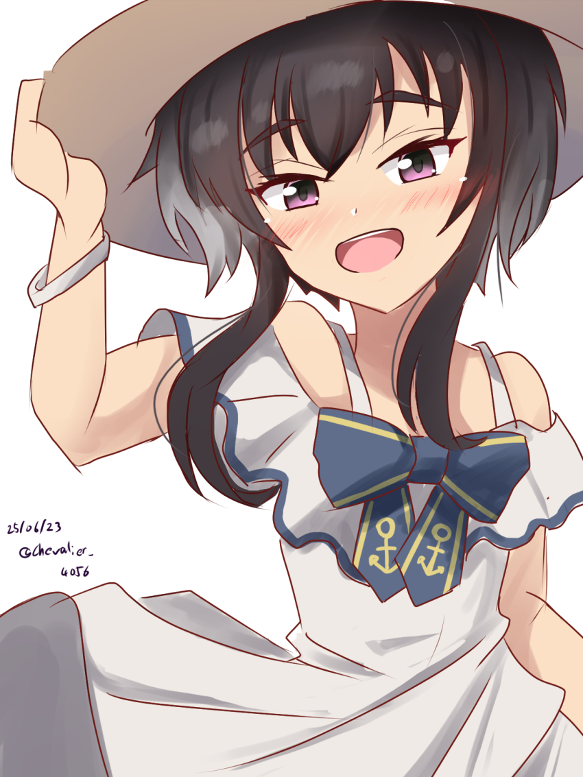 1girl anchor_symbol black_hair blush bracelet cosplay dated dress gradient_hair hat highres jewelry kantai_collection looking_at_viewer multicolored_hair open_mouth purple_eyes sawatani_(chevalier_04056) short_hair smile solo straw_hat sundress tokitsukaze_(kancolle) twitter_username white_background white_dress yukikaze_(kancolle) yukikaze_(kancolle)_(cosplay) yukikaze_(summer)_(kancolle)
